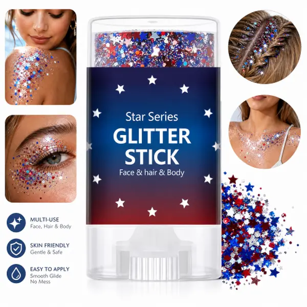Body Glitter Stick Red White Blue, Face Hair Glitter Makeup, Patriotic Sparkle Cosmetic for 4th of July, Independence Day, Festival, Concert & Party Shimmer Smooth