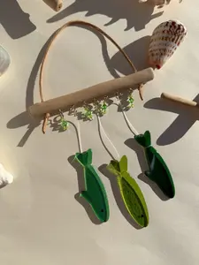 Stained Glass Sardine Wind Chime Coastal Sun Catcher, Handmade Glass Hanging Art, Sea Reef Green