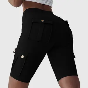 1pc Women's Solid Color Pocket Design Athletic Yoga Cargo shorts For Exercise & Fitness, High-Wais Sports Cargo shorts