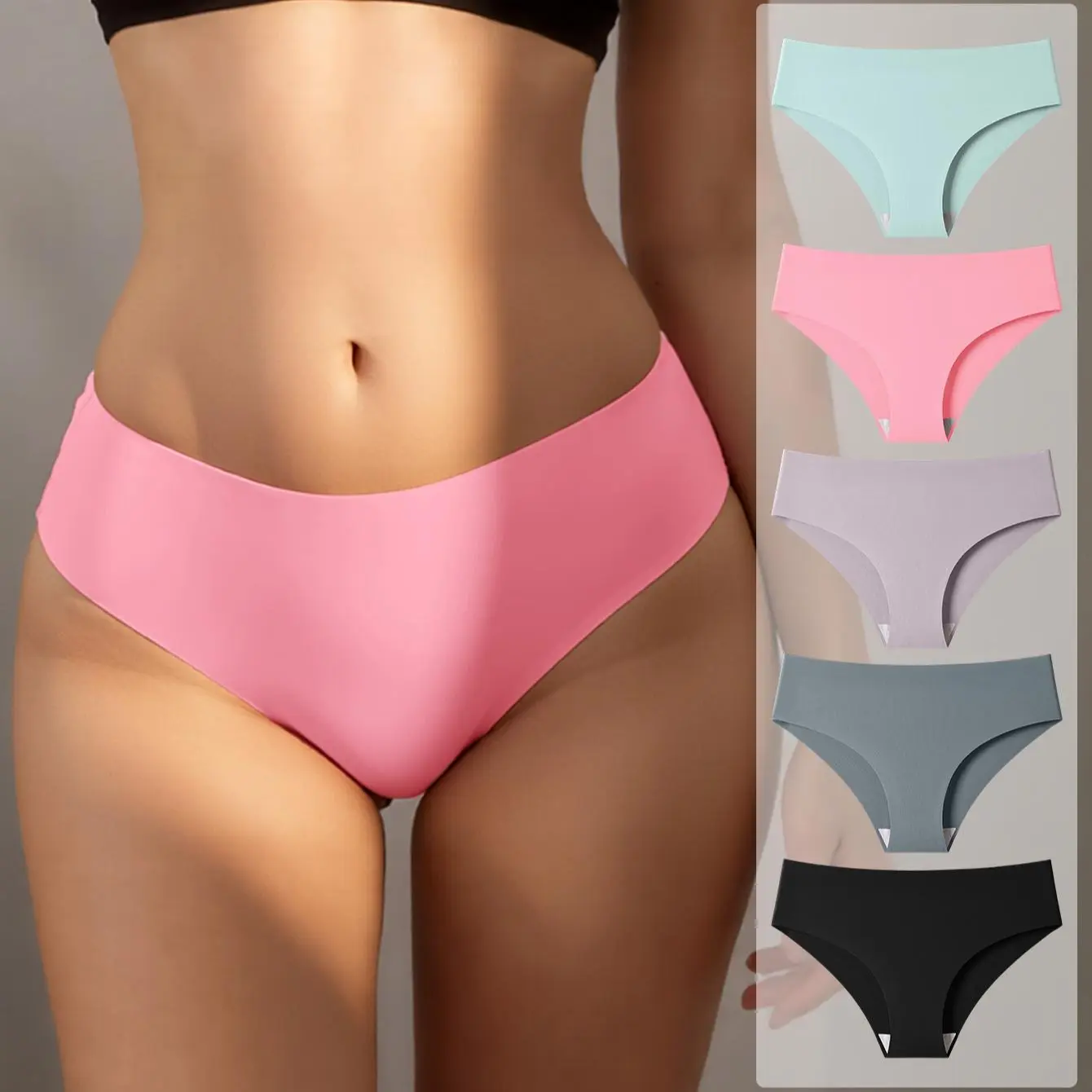 Hotcom Women's 5pcs Basic Solid Color Minimalist Drop Waist Soft Comfy Panties - Seamless, Breathable Ice Silk Lady Underwear Briefs, Cute Plus Size for Casual Everyday Wear