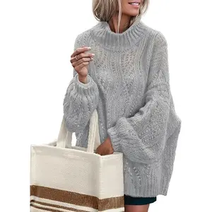 MEROKEETY Fall Sweaters for Women 2025 Oversized Pullover Crochet Lantern Long Sleeve Mock Neck Casual Loose Tops