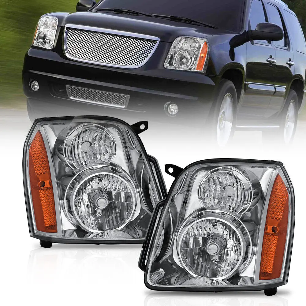 Chrome Housing Headlights Front Lamps For 2007-2014 GMC Yukon XL 1500 2500 2pcs Truck Automotive
