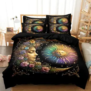 3pcs Cosmic Space Themed Bedroom Accessories,Ramadan Decoration Celestial,Sun Moon Stars Decorative Duvet Cover Set, Colorful Petals High-Definition Printed Bedding Set For Home Dorm Decor,(Includes 1 Duvet Cover And 2 Pillowcases,No Inserts),