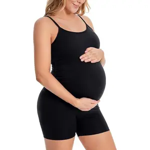 Women's Maternity Adjustable-Strap Ruched Shorts Bodysuit Romper - Maternity Clothing for Casual Pregnancy Wear