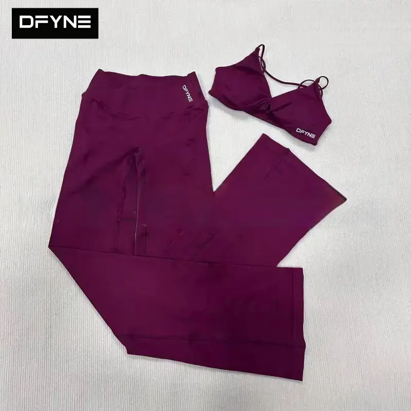 DFYNE Women's 2 Piece Seamless Workout Set - Twist Front Padded Sports Bra & Crossover V Waist Bootcut Flare Leggings, Buttery Soft Tummy Control Squat Proof Athleisure Activewear Outfits Yoga Pants Sets
