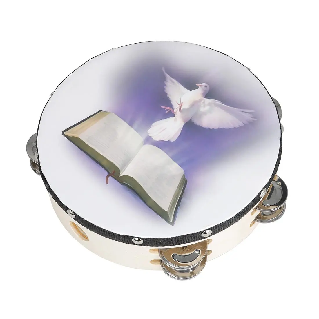 8 Inch Round Double Row Hand Bell Drum with Handle, Peace Dove & Book Design, Handheld Tambourine, Musical Instrument, Percussion Musical Instruments for Home School Church