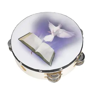 8 Inch Round Double Row Hand Bell Drum with Handle, Peace Dove & Book Design, Handheld Tambourine, Musical Instrument, Percussion Musical Instruments for Home School Church