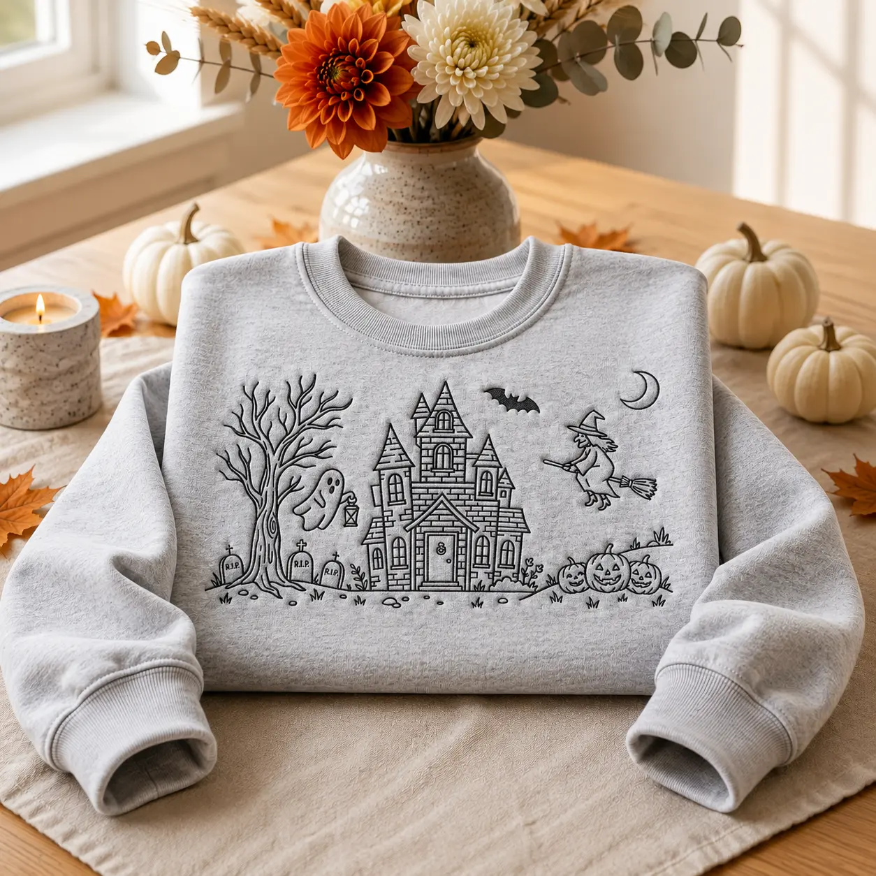 Spooky Season Embroidered Sweatshirt, Fall Halloween Crewneck Sweater, Aesthetic Pumpkin House Embroidery Shirt