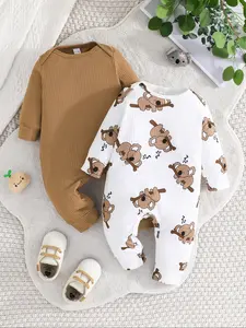 Super Cute Baby Spring Long Sleeve 2-Piece Romper: Adorable Koala Print + Solid Brown Ribbed Style - Soft & Comfy Essential Baby Wear for Daily Play Baby Clothing