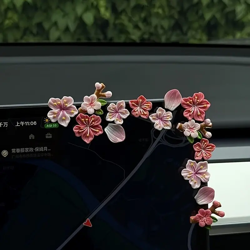 14pcs 3D Peach Blossom Car Stickers, Car Decals, Cute Car Interior Decorations, Dashboard Screen Accessories, Electric Vehicle Adornments