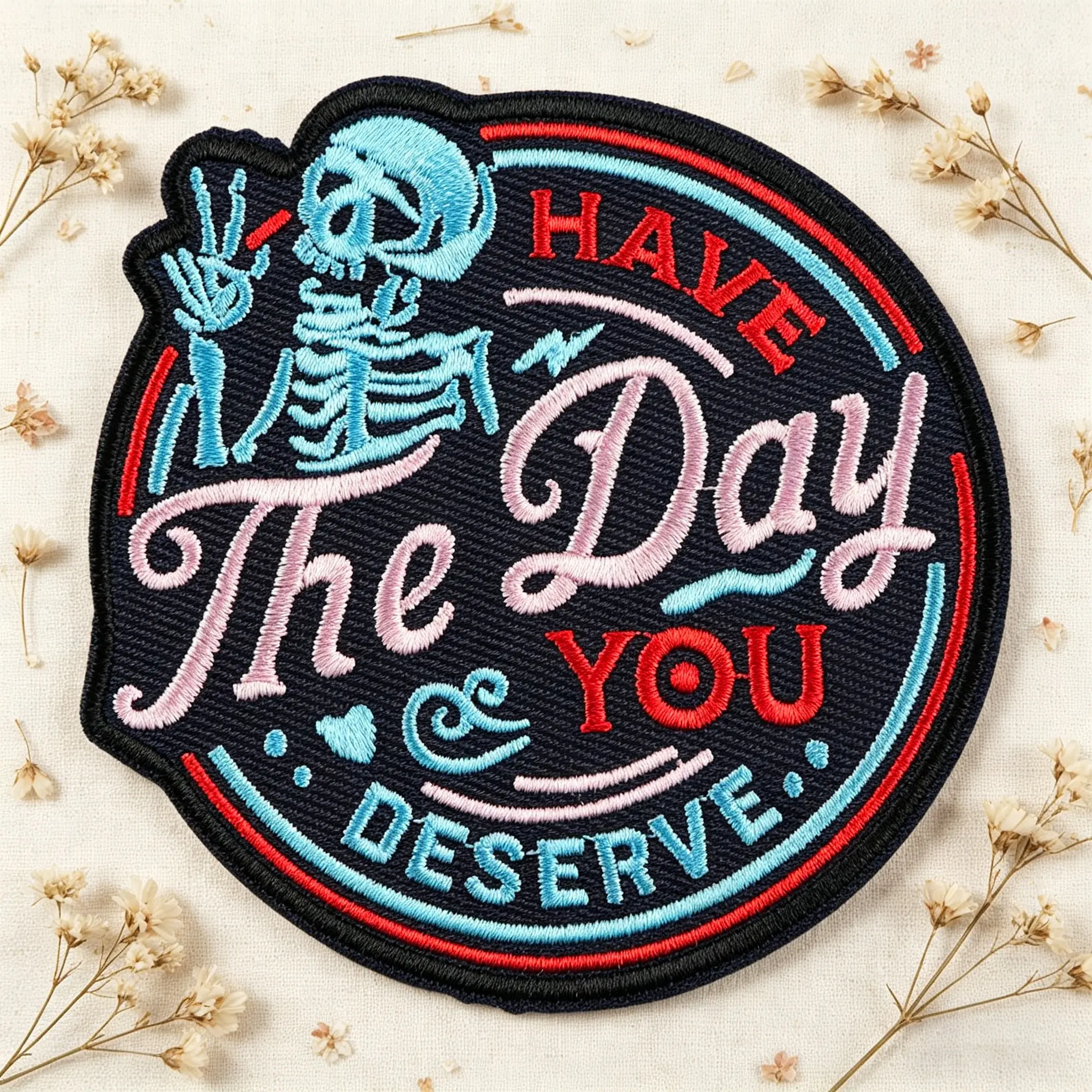 Have the Day You Deserve Skull Embroidery Design Patch, Embroidery Patches, Adhesive Iron-On, Suitable for Clothes Jacket Hat Accessories, 1 Piece