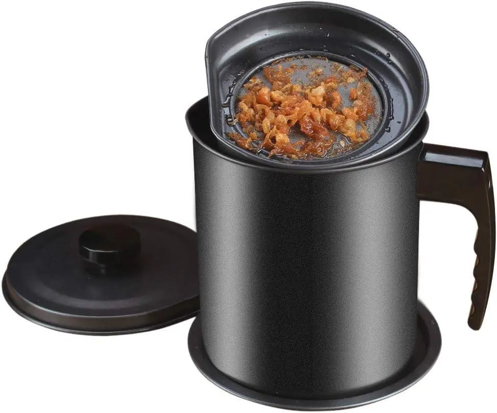 Ourokhome Bacon Grease Container with Strainer- 1.3 L or 5.2 Cup Iron Kitchen Oil Storage Can with Fine Mesh Strainer for Storing Hot Frying Oil, Fat (Black)