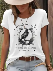 Spring Summer Edgar Allan Poe Art Raven Book Print Fitted T-Shirt, Fashion Comfort Casual Womenswear Tee, Everyday Daily Wear Trendy Graphic Top for Women