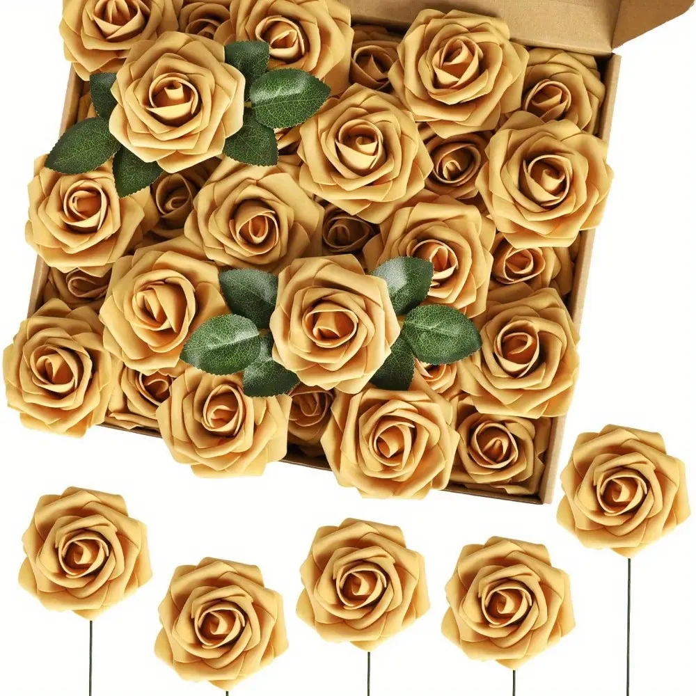 54-Piece Weatherproof Synthetic Stemmed Yellow Rose Set (50pcs Roses+4pcs Leaves) - Wedding Decor, Floral Decor for Bouquets, Table Arrangements, Foam Home Supplies