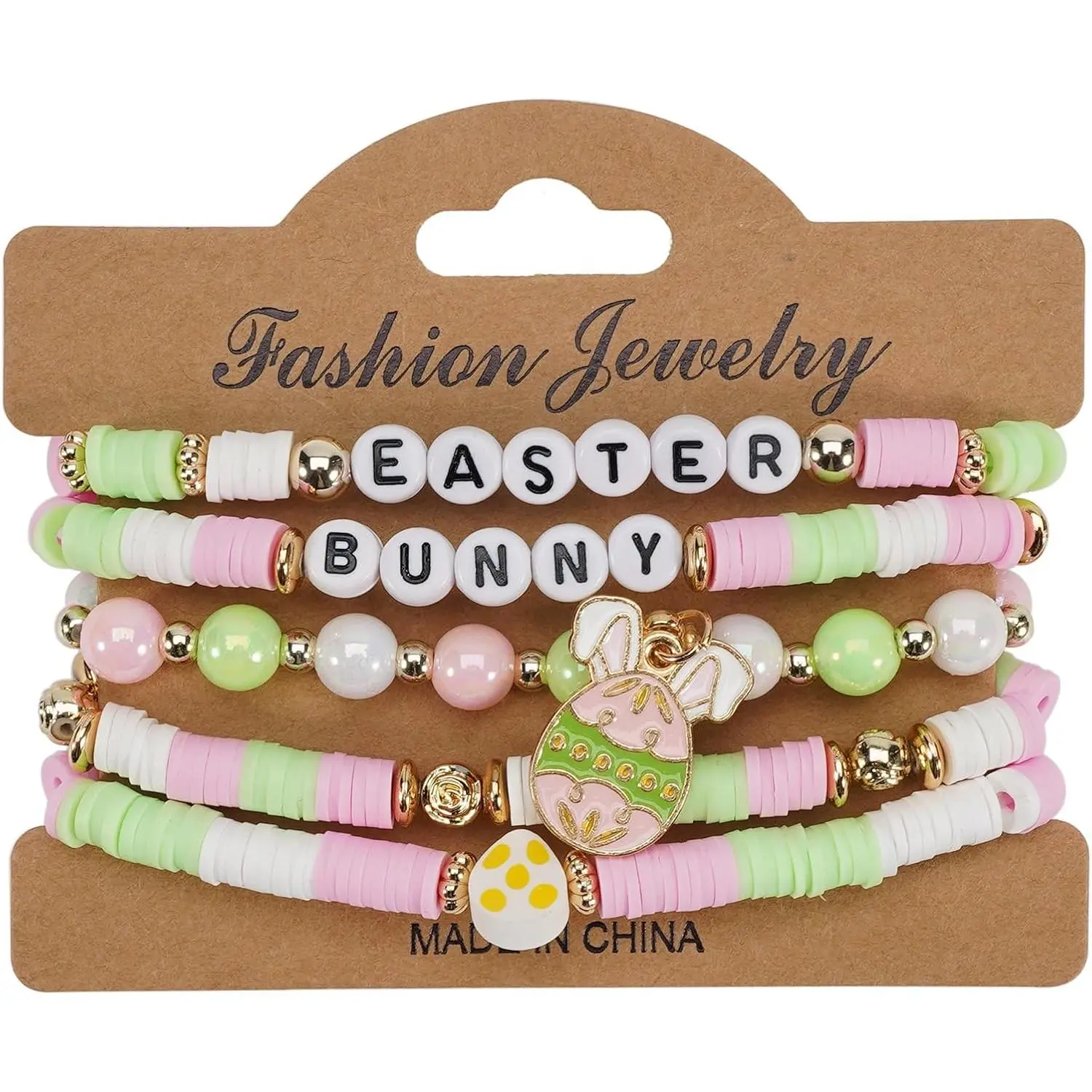 Women's 5-Count Easter Themed Stackable Bracelet Set - Female Daily Colorful Multilayer Alloy Heishi Polymer Clay Bead Letter Bracelets & Bangles, Bunny Egg Chick Designs, Bright Stretch Costume Jewelry for Spring Holiday Gifts, Letter Beads, Meaningful G