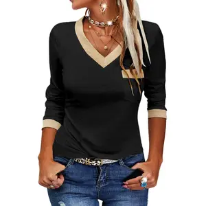 Women's Long-Sleeve V-Neck Polyester Loose-Fitting Color Block Minimalist Casual Boho Soft Top, Pockets, White, XX-Large (Women's Clothes)