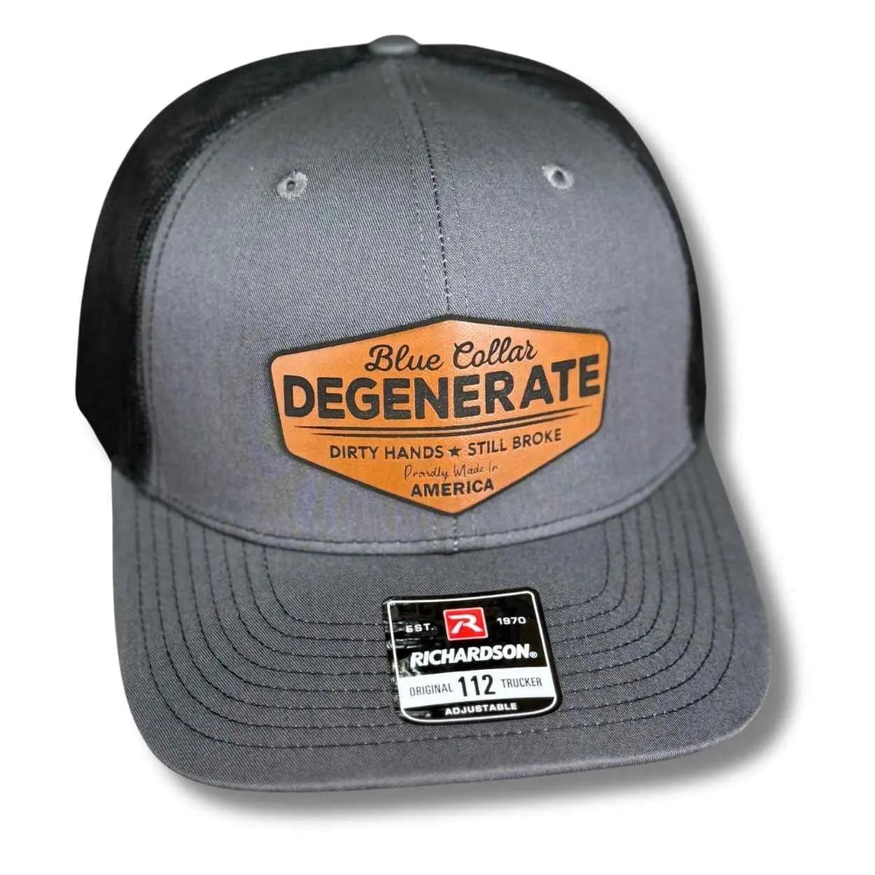 Funny Mesh Trucker Hat - Blue Collar Degenerate Style with Dirty Hands Still Broke Patch, Custom Laser Engraved, Lightweight Baseball Cap, Classic Snapback, Men's Fitted or Ponytail Cap, Logo Trucker Hats, Funny Dad Hat