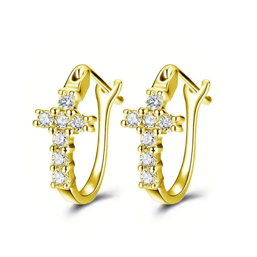 Rhinestone Decorated Cross Huggie Stud Earrings - Elegant Cubic Zirconia Costume Jewelry Earring Stack for Party, Daily Wear, Girl Birthday Gift Accessories