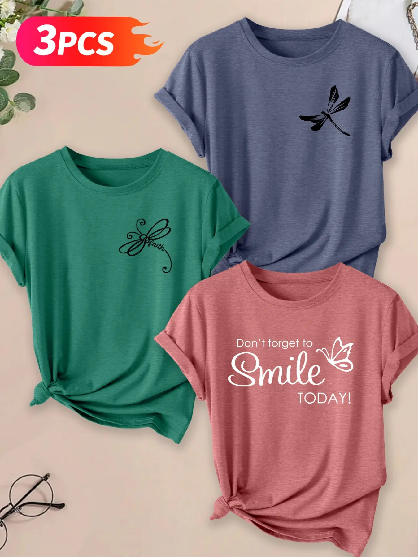 Positive Atmosphere Dragonfly Pattern Cotton T-Shirt Set Tops, Comfortable Must-Have, Fashion Loose Casual Streetwear, 3-Piece Pack, Aesthetic, Classic, Garment