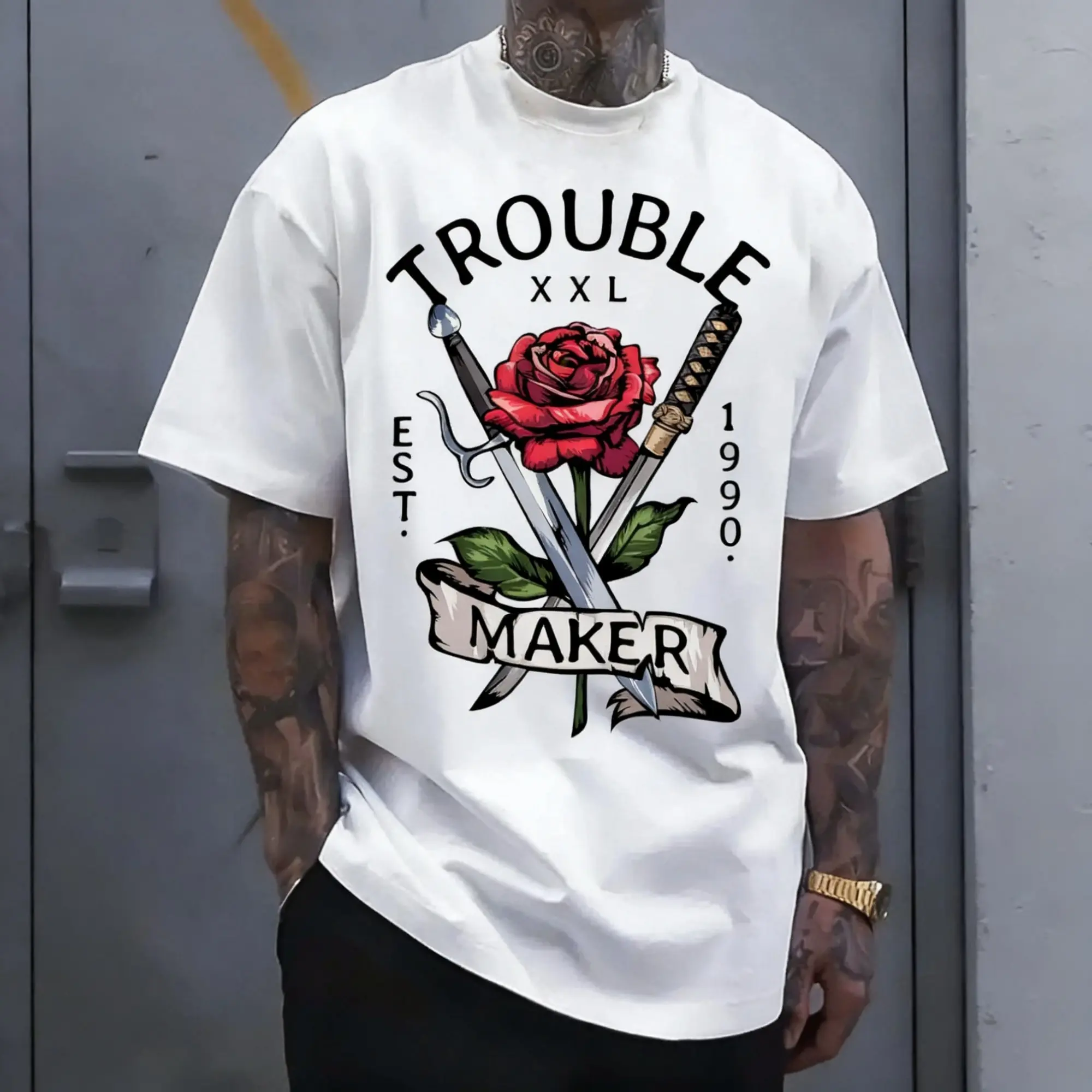 Men's Pure Cotton White T-Shirt: Double Blossom Warrior T-Shirt