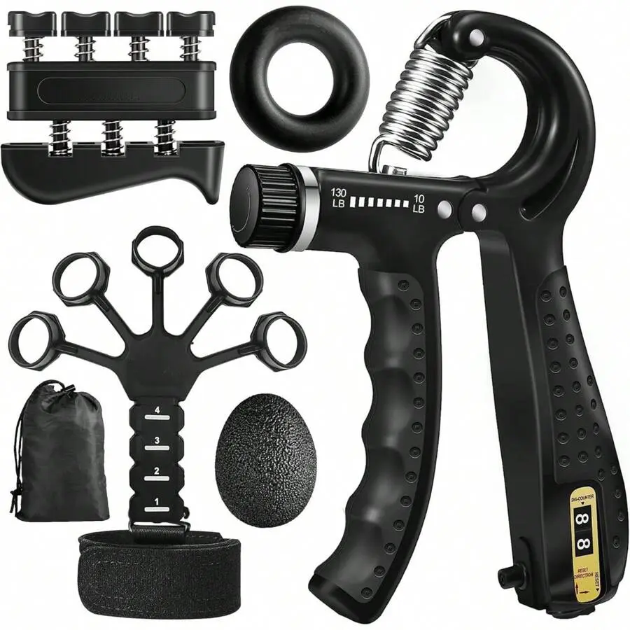 Hand Grip Enhancer Kit-Set of 5 with Adjustable Resistance, Finger Stretcher, Grip Ring and Stress Ball for Forearm Exercise and Fitness Training stable fitness table strength training elbow support ab