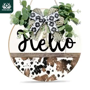 Wooden Hanging Sign, 1 Count Bowknot Decor Round Hanging Sign, Rustic Farmhouse Design, Farmhouse Decoration, Wall Decor for Home Farmhouse Front Door Cafe Coffee Shop Living Room, Welcome Sign