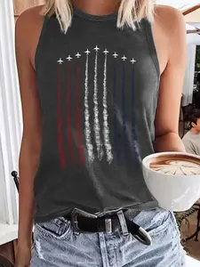 Women's Blue Air Force Pattern Sleeveless Fitted Tank Top, Casual Elastic Round Neck, Summer Fashion Breathable Fabric Print Womenswear