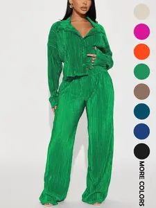 Women's Solid Button Front Blouse & Elastic Waist Pants Set, Casual Plain Drop Shoulder Long Sleeve Collared Top & Wide Leg Trousers Two-Piece Set For Spring & Fall, Women's Clothes