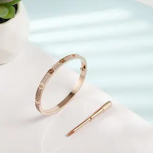 Luxury Full Pave CZ Screw Bangle Bracelet for Women Men, 18K Gold/Rose Gold/Silver Plated AAA Cubic Zirconia Hinge Closure Bangle, Hypoallergenic Tarnish Resistant Couple Wedding Anniversary Daily Fashion Jewelry