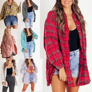 Women's Autumn and Winter New Frayed Lantern Sleeve Loose Button Plaid Shirt Top Womenswear