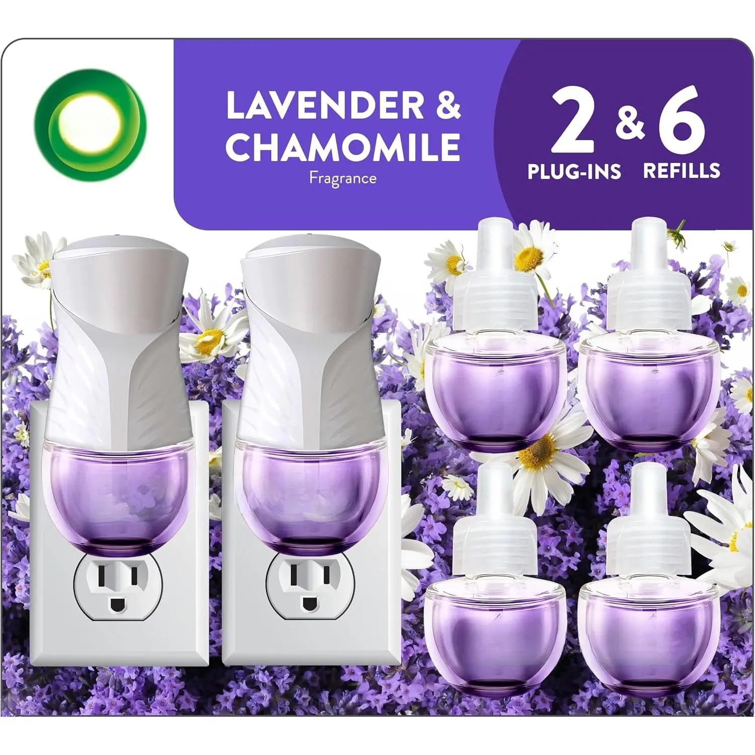 Eco-Friendly Plug-Ins Scented Oil Starter Kit - 2 Warmers, 6 Essential Oil Refills, Lavender & Chamomile Scent, Calming Home Fragrance, Indoor Room Aromatizer Air Freshener