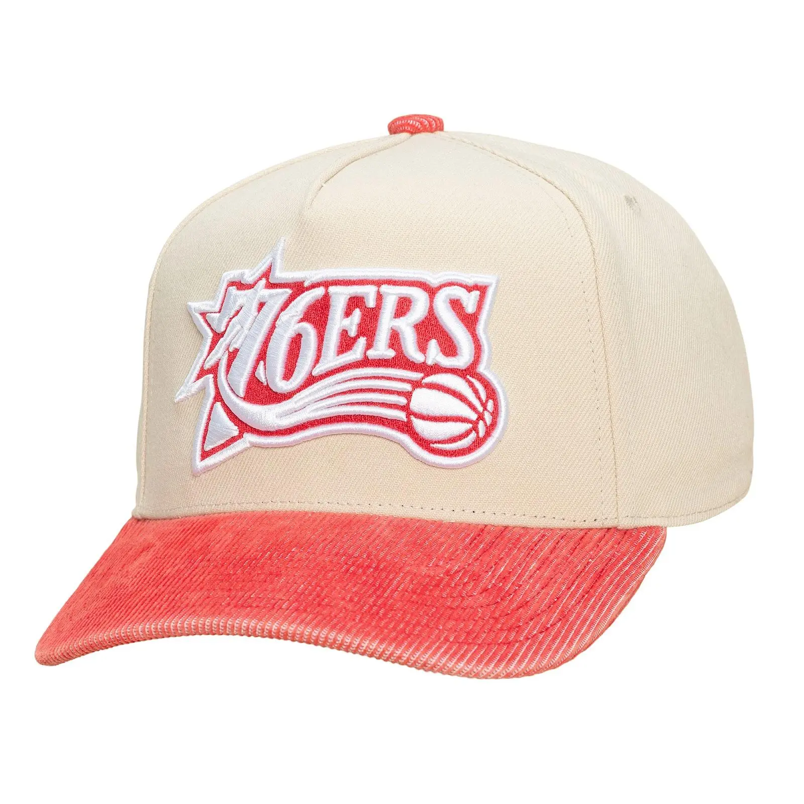 Mitchell & Ness Unisex Philadelphia 76ers Cream Hardwood Classics Faded Corduroy Pro Pinch Snapback NBA Throwback Cap, Adjustable Fan Gear, Hand Wash Only Hats