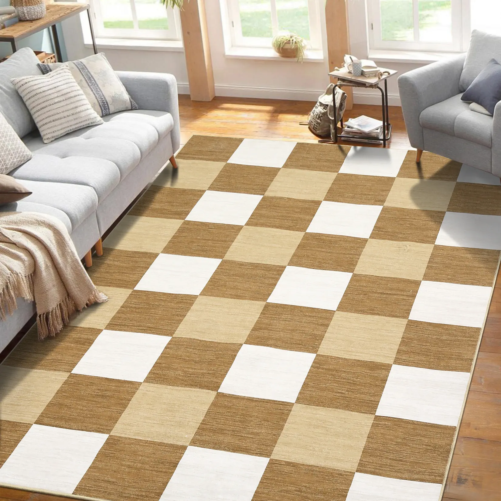 1PC Modern Geometric Checkerboard Floor Cover for Room Decor Washable Thin Soft Area Rugs for Bedroom Living Room Indoor Low Pile Non Slip Carpet Bathroom Runner Rug Office Decor - Camel