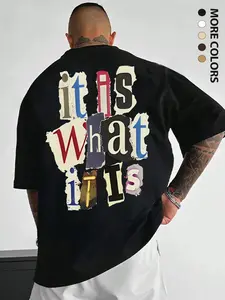 It Is What It Is" Ransom Note Style Graphic T-Shirt, Distressed Collage Letter Print Oversized Crew Neck Tee, Men's Short Sleeve Streetwear Cotton Top, Trendy Retro Aesthetic Shirt for Quote Fans, Streetwear Lovers and Casual Wear Enthusiasts