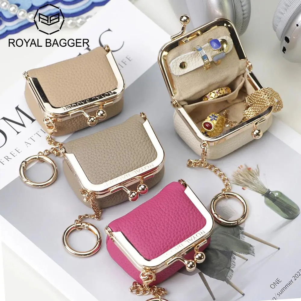 Royal Bagger Women's Vintage Genuine Leather Mini Coin Purse & Jewelry Organiser with Kiss Lock Closure, Gold Trim, and Removable Keychain, Basic, Plain, Coin Wallet, Casual, Wallets For Women, Everyday Carry