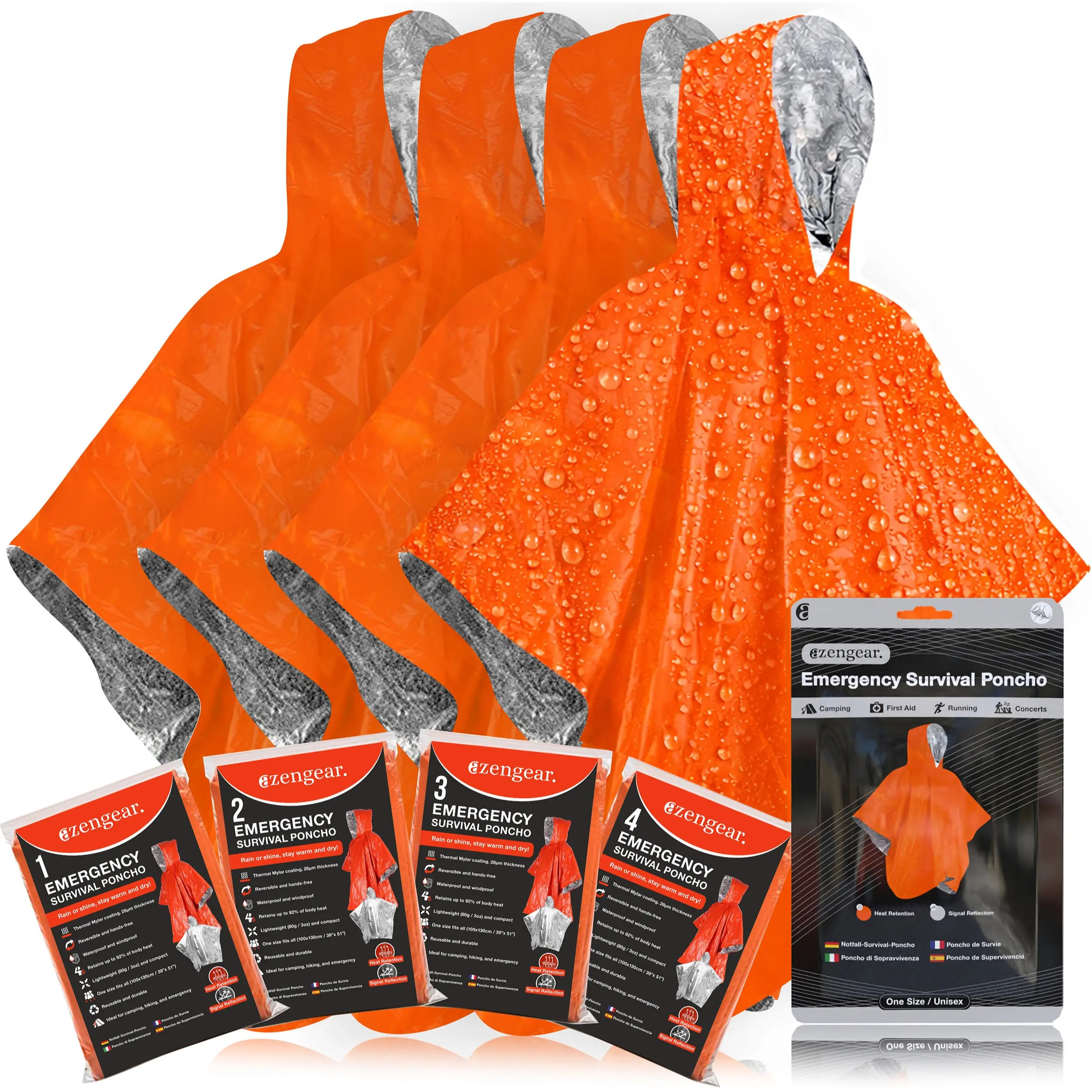 aZengear Emergency Survival Poncho 4pc Thermal Mylar Foil Coating Blanket for Heat Retention, Waterproof, Windproof, Portable, Hands-Free Outdoor Kit