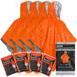 aZengear Emergency Survival Poncho (4pc) Thermal Mylar Foil Coating Blanket for Heat Retention and Rain | Reversible with Hood | Waterproof, Windproof, Portable, Hands-Free, Outdoor Kit