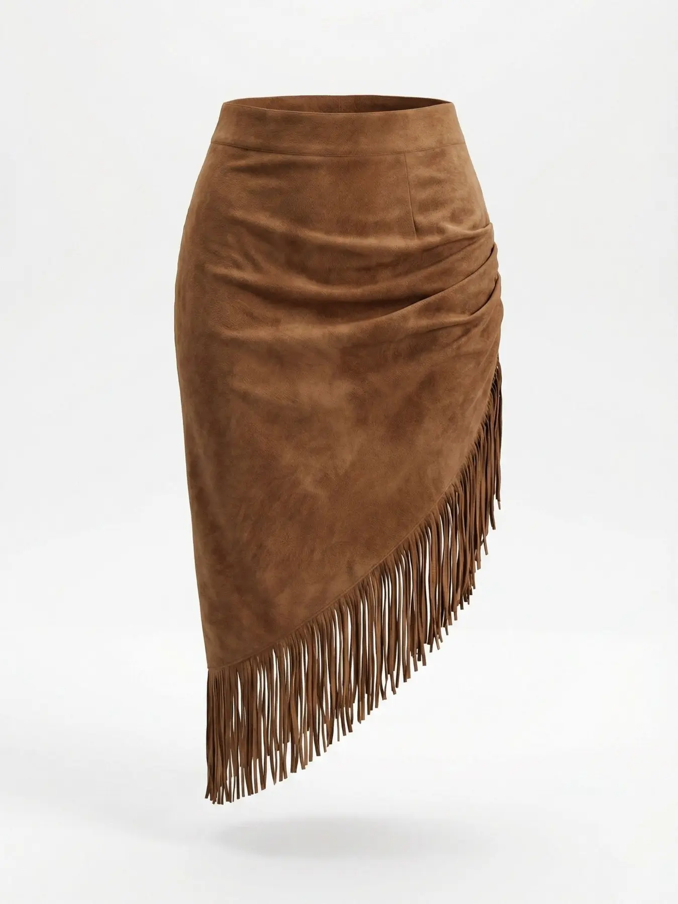 Plus Size Women's Spring Summer Merlot Boho Style Solid Asymmetrical Fringe Trendy Flirty Skirt, Casual Slim-Fitting Long Skirt, All Seasons Fashion, Asymmetrical Hem Skirt, Plain Pattern Skirt, Boho Skirts