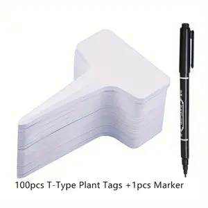 100pcs T-Type Plant Labels With 1pcs Marking Pen, Plastic Plant Name Tags, Waterproof Garden Nursery Labels, Plastic Pot Labels For Flowers, Herb, Potted Plants And Vegetables, Garden Accessories