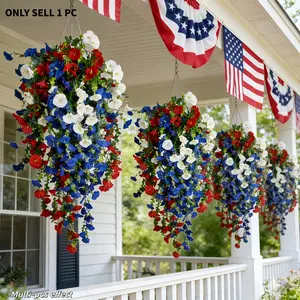 Three-color (red, white and blue) hanging artificial flowers and plants for American Independence Day. Festive home decorations for gardens, patios, indoor and outdoor use, ideal for graduation season and wedding decor.