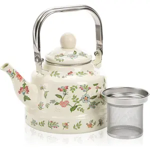 1.8 Quart Vintage Enamel Stovetop Teapot, Vintage Green Floral Pattern Steel Teapot with Detachable Tea Strainer, Suitable for Camping, Wedding, Housewarming, Thanksgiving, Christmas Gift