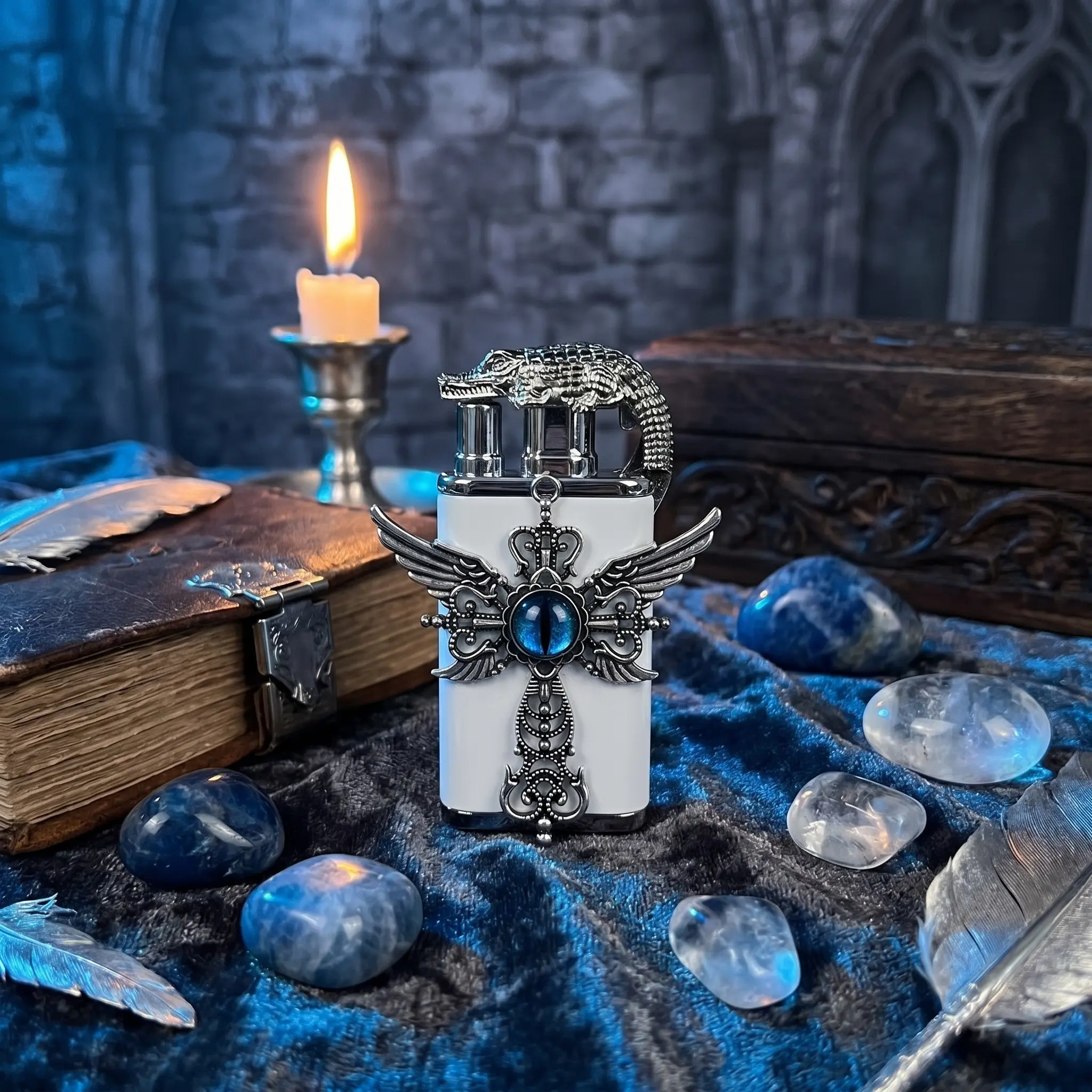 Gothic Crocodile Lighter (No Gas Included) with Winged Cross & Blue Dragon Eye - Luxury Jet Torch Lighter for Men Windproof Refillable Butane Lighter - Cool Valentine's Day Gift for Him Boyfriend Husband surprise christmas birthday gift anniversary
