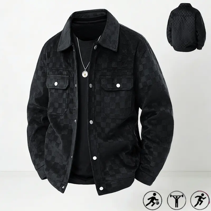 Menswear Long-Sleeve Dark Plaid Utility Coat - Elegant Light Luxury Retro Casual Tops with Turn-Down Collar, Metal Button Front, 2 Chest Patch Pockets, Fine Plush Rich Texture Fabric, Loose Drop-Shoulder Fit