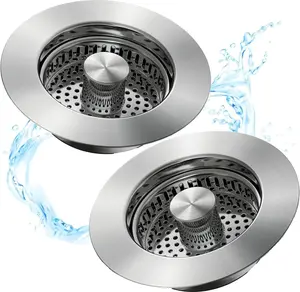 2PCS Kitchen Sink Drain Strainer 3 in 1 SUS304 Stainless Steel Pop Up Stopper Anti-Clogging Filter for US Standard 3.5" Drains Durable Leak-Proof Bathroom Organizing Accessories with Silicone Seal