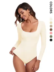 Women's Seamless Ribbed Knit Long Sleeve Bodysuit, Plain Triangle Crotchless Slim Fit Top, Sexy Square Neck Spring & Fall Wear