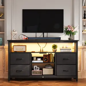 DAYAGO Black TV Stand for 55 65 inch TV Entertainment Center with RGB Lights Charging Station TV Media Console Table 4 Fabric Drawers Open Shelves for Living Room, Hallway, Wood Top