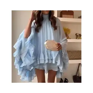 Summer Ruffles Short Dress Women Turtleneck Pleated Loose Turtleneck Flare Sleeve Robes 2025 Fashion Lady Party Holiday Gowns