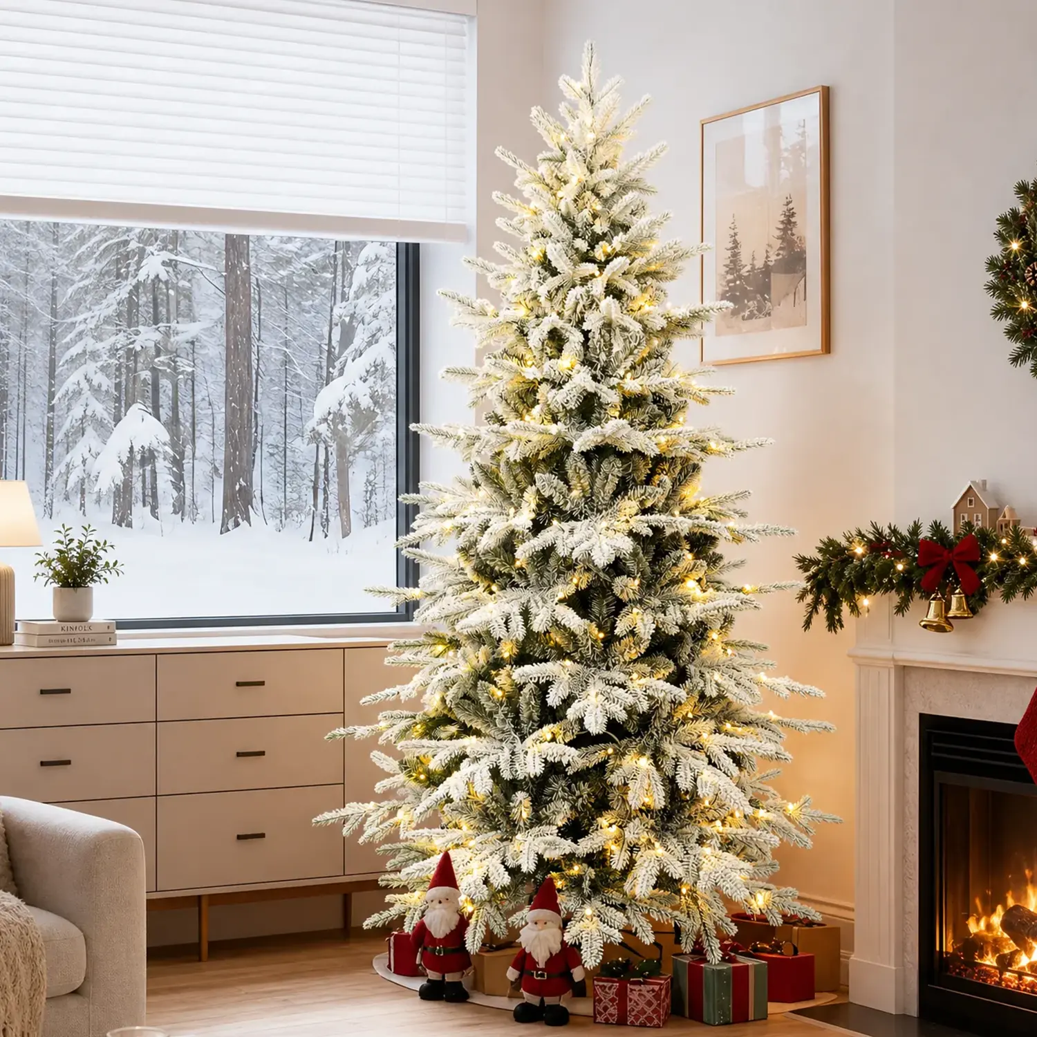 Pre-Lit Snow Flocked Artificial Christmas Tree - 6/7/8 FT, Dual LEDs (Warm White & Multicolor), Realistic PE+PVC Mix Branches, Dense Snow Cover, Christmas New Yr Decoration for Home Office