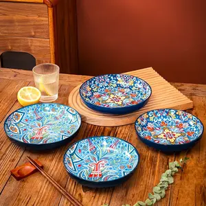 Bohemian Style Ceramic Dinnerware Set, High-Edge Pasta & Salad Plates, Restaurant Serving Dishes, Home Breakfast Bowls, Set of Four Pieces