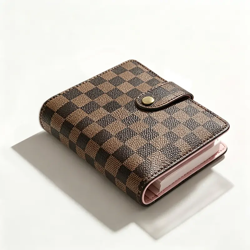 A7 Checkered Leather Mini Budget Binder Wallet Planner Notebook, Loose Leaf Diary with 45 Lined Pages and 6 Zipper Pockets. Multifunctional Portable Student Journal for Budget Tracking, Daily Logs, School Learning, Work Arrangement and Office Planning